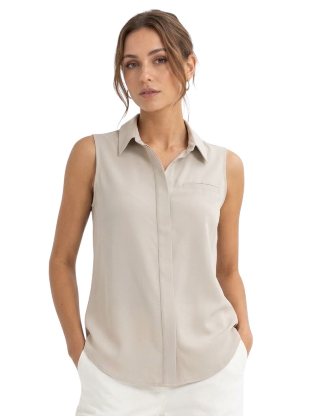 Athleta Tan Sleeveless High-Low Button-Up Tunic Top